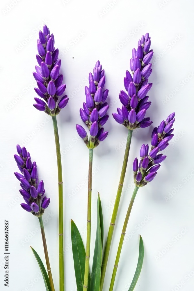 Fototapeta premium Vibrant lavender sprigs, individually displayed against a stark white backdrop , flowers, aromatherapy