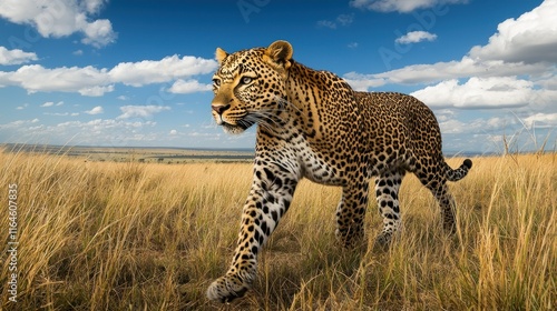 Leopard walking through tall grass under blue sky.