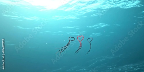 Wallpaper Mural Explore a surreal underwater world with glowing heart-shaped jellyfish gracefully floating in a tranquil blue environment Torontodigital.ca