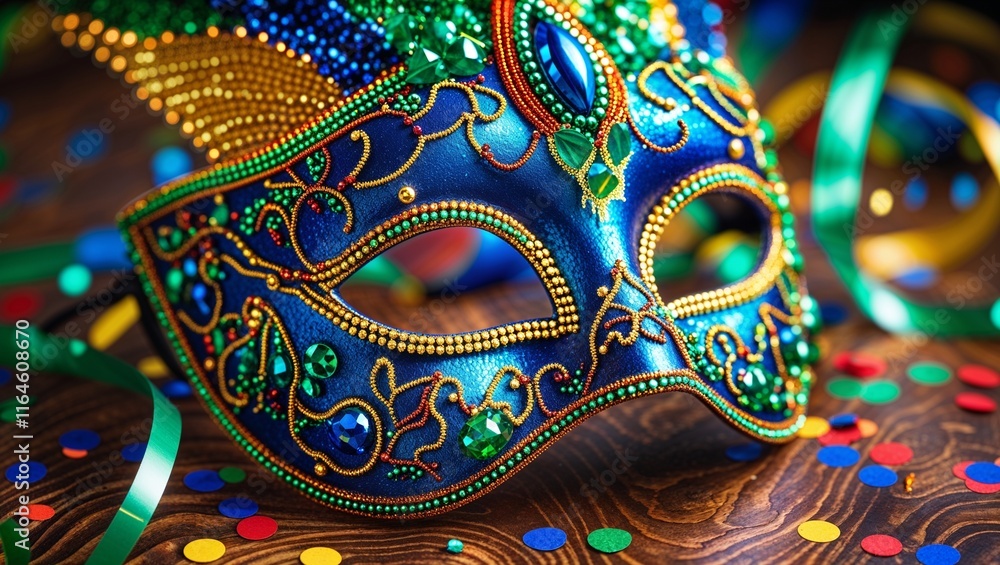 Blue and gold beaded masquerade mask with confetti on table Blue and gold beaded masquerade mask with confetti on table