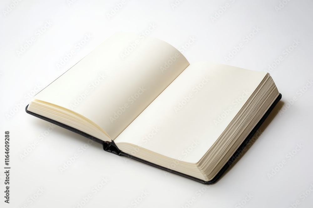 A book is open to a blank page. The book is black and white A book is open to a blank page. The book is black and white