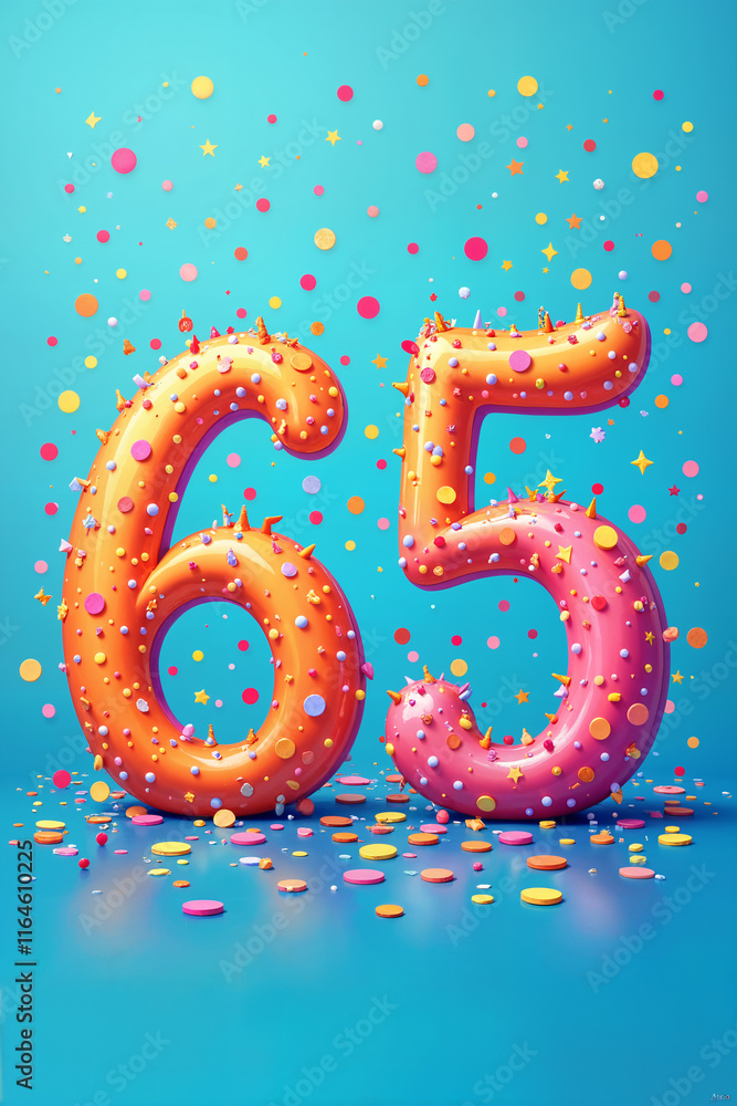 65th birthday card. Large, stylized number 65 with confetti around it against a blue background. 65th birthday card. Large, stylized number 65 with confetti around it against a blue background.