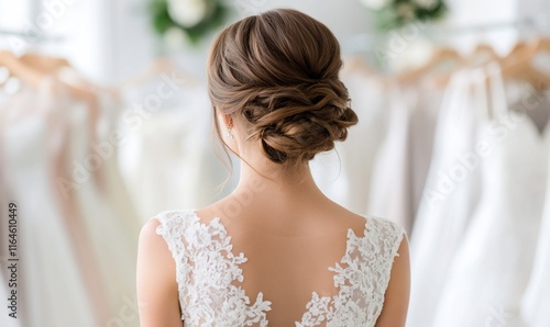 A bride admires wedding dresses in a boutique. photo