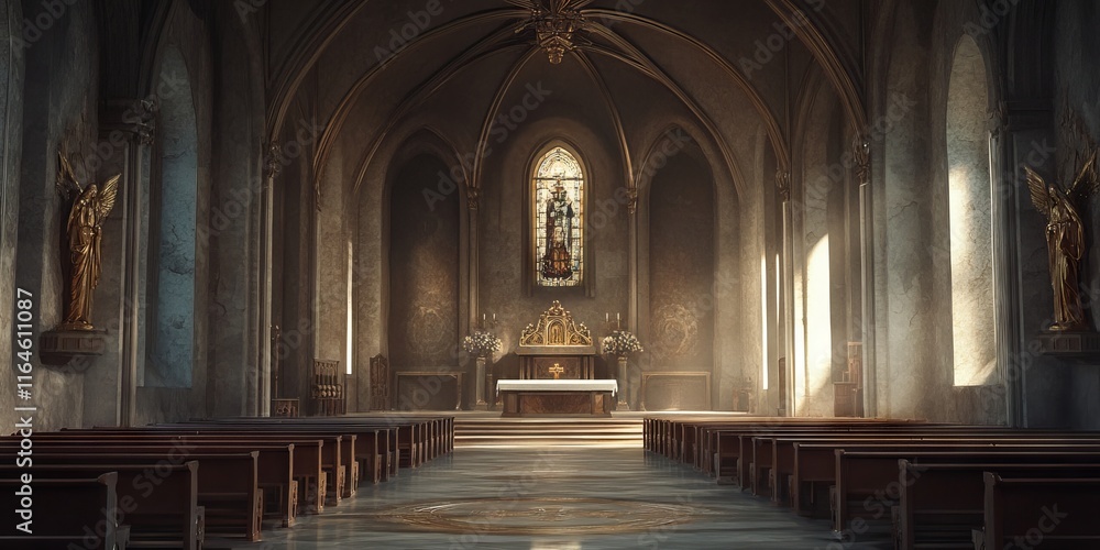 Obraz premium A serene Gothic church interior with sunlight streaming through stained glass, illuminating wooden pews and ornate architecture.