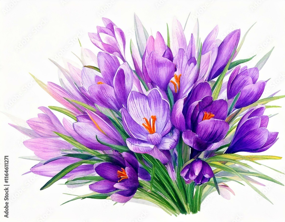 Obraz premium Purple snowdrops, crocuses, bouquet, watercolor illustration on a white background. Bouquet with snowdrops, crocuses for invitation design.