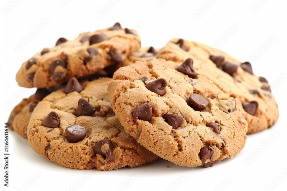 A stack of chocolate chip cookies. The cookies are brown and have chocolate chips on top. They are piled on top of each other A stack of chocolate chip cookies. The cookies are brown and have chocolate chips on top. They are piled on top of each other