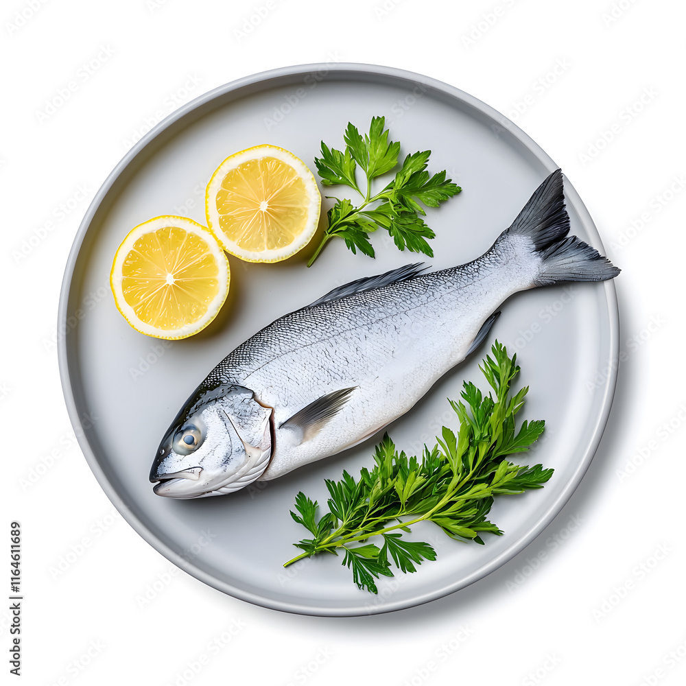 Fresh Raw Whole Sea Fish with Lemon on plate top view isolated on white background Fresh Raw Whole Sea Fish with Lemon on plate top view isolated on white background