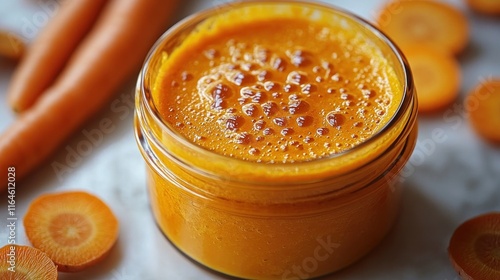 Freshly made carrot juice in a glass jar with whole carrots and slices. photo