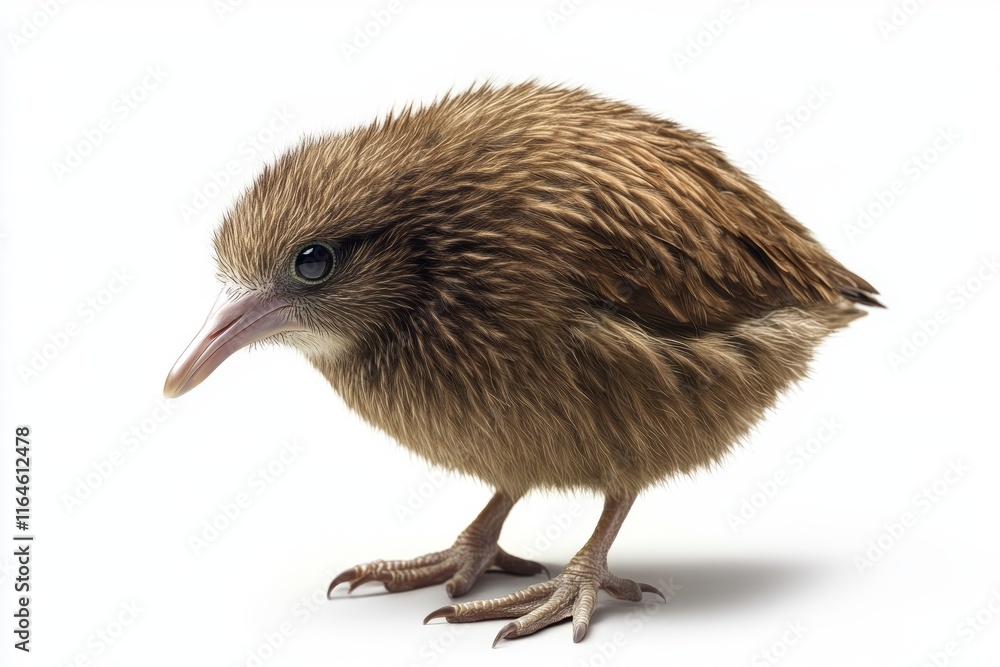Fototapeta premium A small brown bird with a black beak is standing on a white background. The bird appears to be looking at the camera, possibly curious or alert