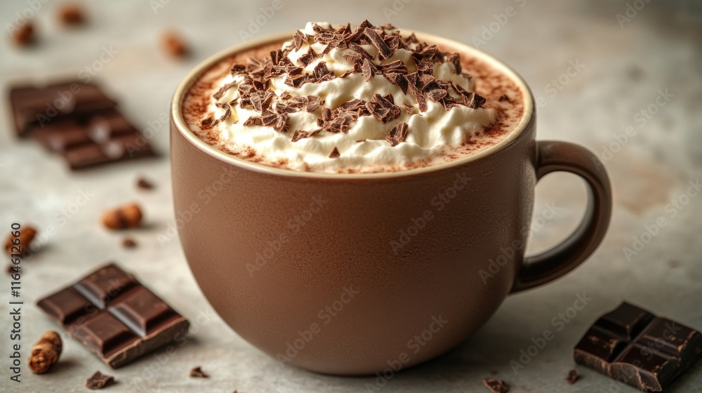 Rich hot chocolate topped with whipped cream and chocolate shavings in a brown mug. Rich hot chocolate topped with whipped cream and chocolate shavings in a brown mug.