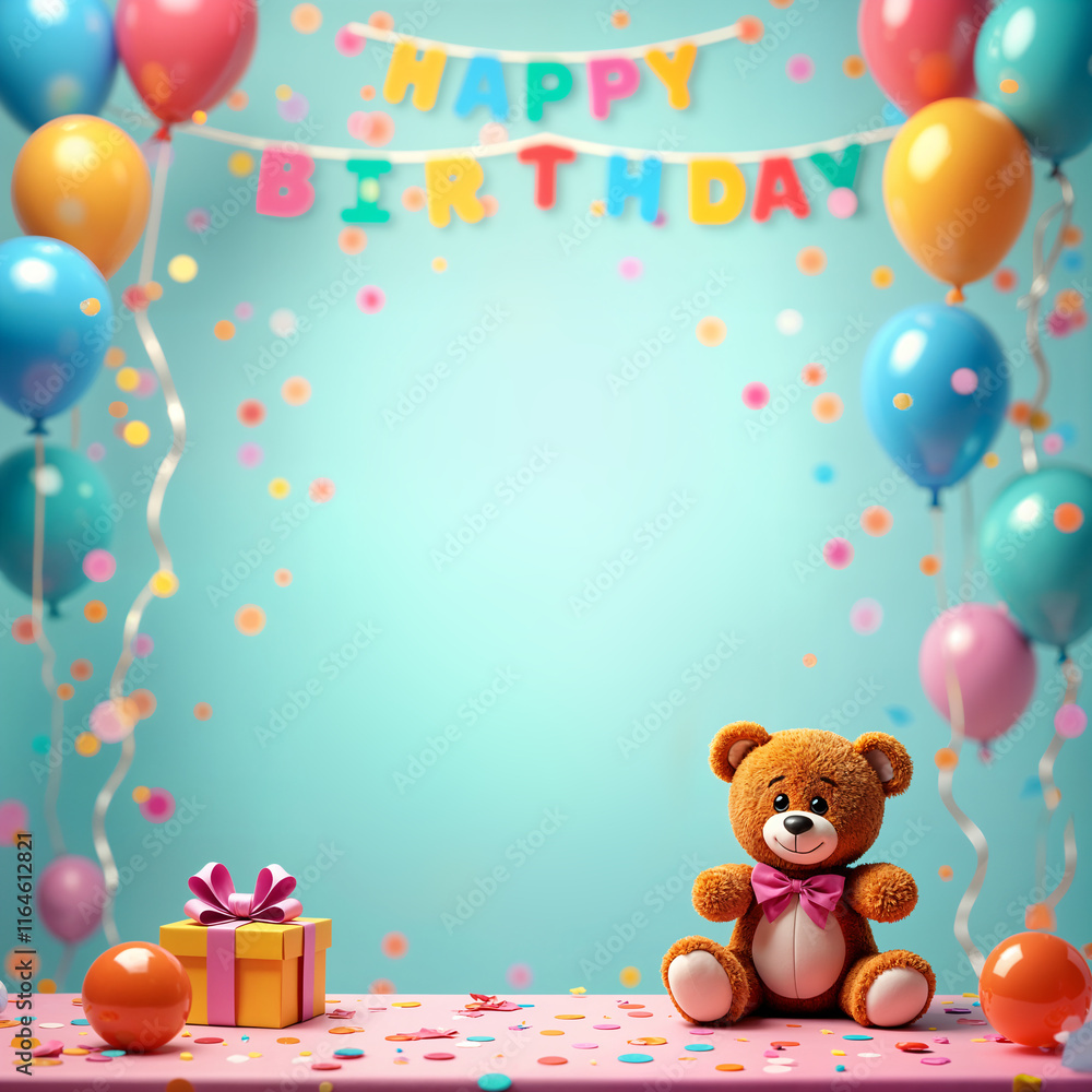 Obraz premium Holiday illustration. Festive birthday celebration with a teddy bear sitting on a table, surrounded by colorful balloons and confetti, and a large Happy Birthday banner hanging above the scene.