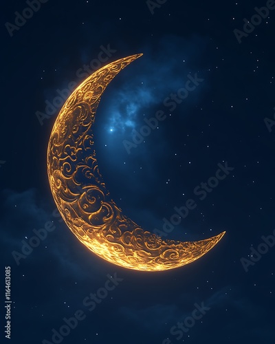 Ornate golden crescent moon in night sky. (3) photo