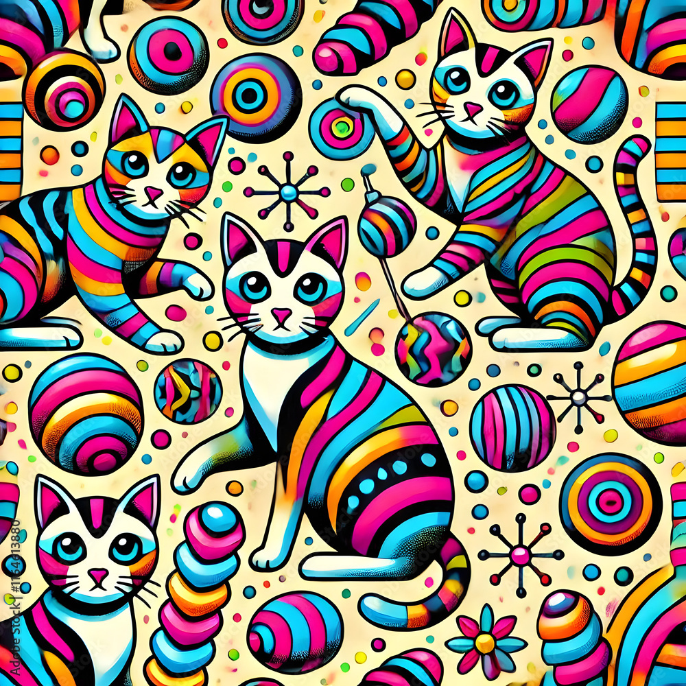 Pop Art illustration of playful cats with bold, colorful spring toys in vibrant neon colors Pop Art illustration of playful cats with bold, colorful spring toys in vibrant neon colors
