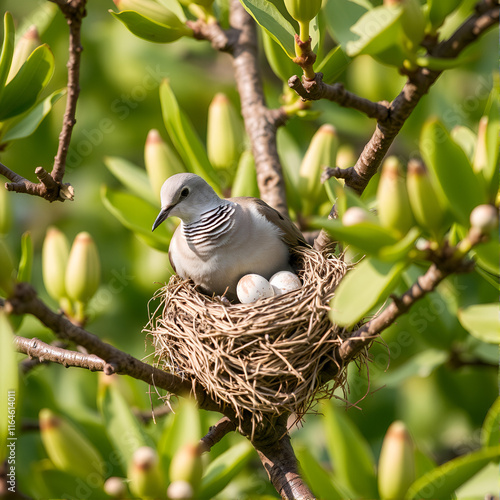 The collared turtle dove (Streptopelia decaocto) has built a nest and is incubating a clutch of eggs on turn green flowering almond tree photo