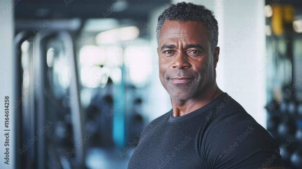 A middle-aged black man with salt-and-pepper hair, dressed in workout gear, standing confidently in a gym setting, with fitness equipment visible in the background A middle-aged black man with salt-and-pepper hair, dressed in workout gear, standing confidently in a gym setting, with fitness equipment visible in the background