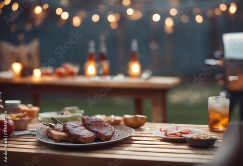 Wooden table and winter party in backyard garden with grill BBQ blurred background photo