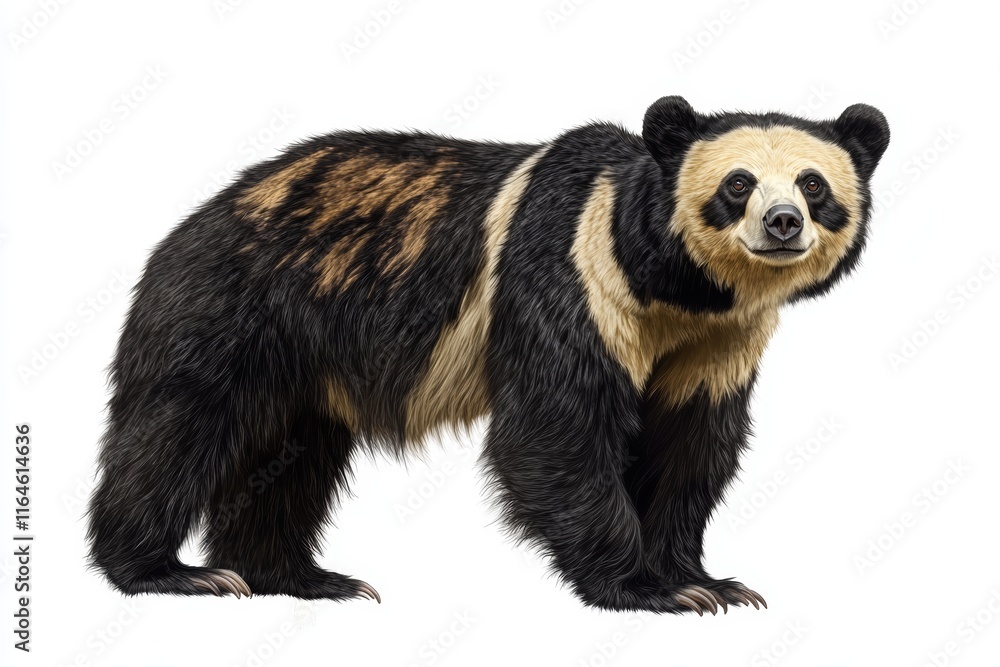 Fototapeta premium A bear with black and white fur stands on a white background. The bear has a happy expression on its face