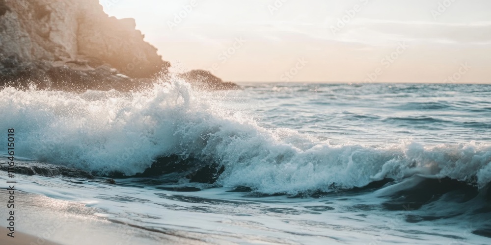 Captivating image of ocean waves hitting a rocky shore during sunset, showcasing the beauty of nature and the power of the sea. Captivating image of ocean waves hitting a rocky shore during sunset, showcasing the beauty of nature and the power of the sea.