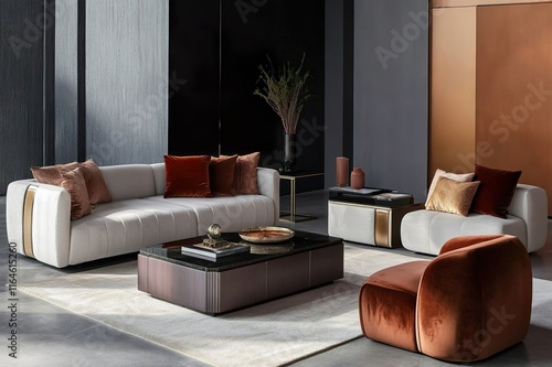 A modern living room with sleek, minimalist furniture, accented by soft textiles like velvet cushions and a stylish coffee table, creating an inviting atmosphere. photo