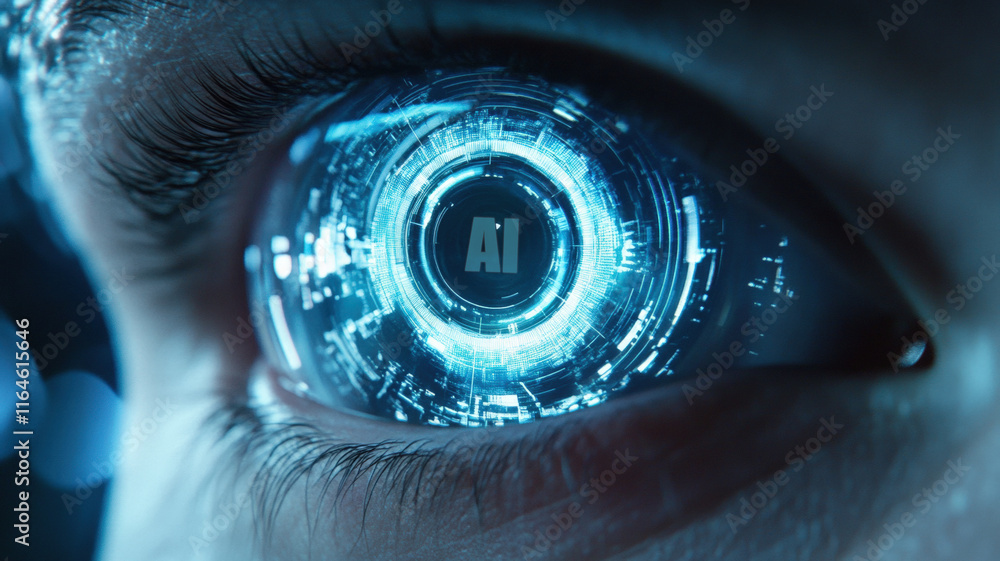 Futuristic cybernetic human eye with glowing AI interface and holographic digital circuit design in blue tones. Futuristic cybernetic human eye with glowing AI interface and holographic digital circuit design in blue tones.