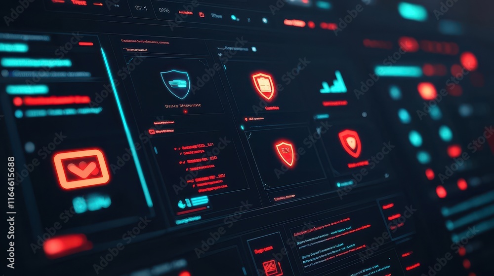 A futuristic interface showcasing cybersecurity metrics and alerts with a dark background and vibrant red and blue accents.