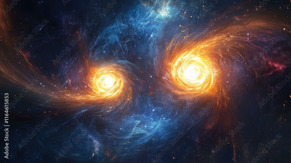 Two cosmic swirls of fire and ice in space, nebula, galaxy, and stars. Two cosmic swirls of fire and ice in space, nebula, galaxy, and stars.