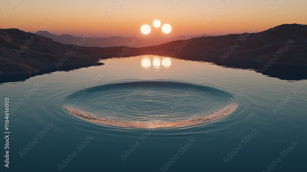 A circle of water floating above the calm surface _005 A circle of water floating above the calm surface _005