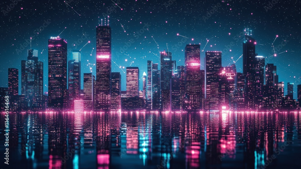 Fototapeta premium Neon cityscape reflected in water at night.