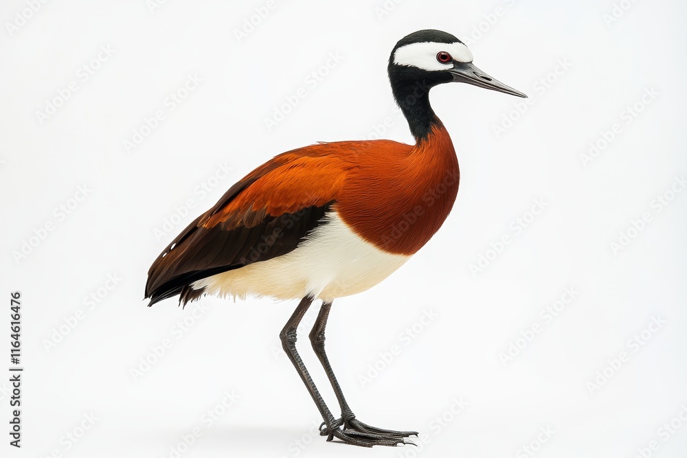 Obraz premium A bird with a black and white head and orange and white body stands on a white background. The bird is a crane, and it is looking to the right