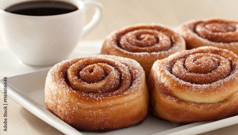 Fototapeta premium An appealing composition of cinnamon rolls dusted with sugar next to a cup of black coffee