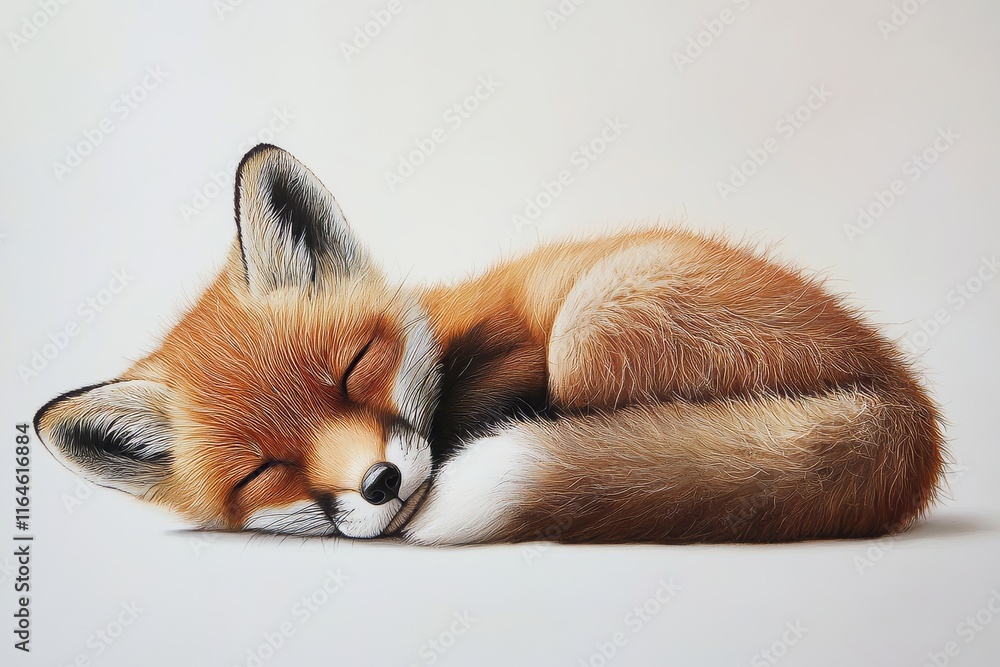 Obraz premium A cute fox cub peacefully sleeping, showcasing its fluffy fur and serene expression on a white background.
