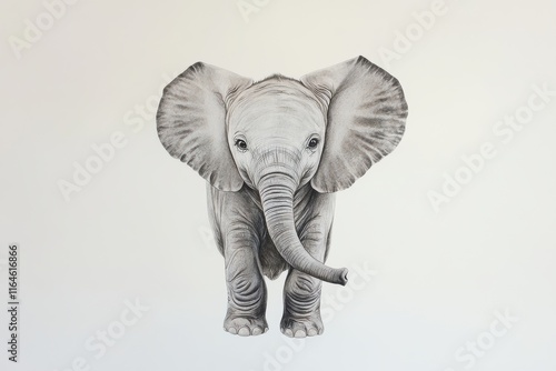 Charming sketch of a baby elephant with intricate details, set against a plain white backdrop. photo