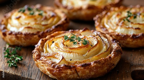 Wallpaper Mural Onion rose tartlets with thyme on wooden board. Torontodigital.ca