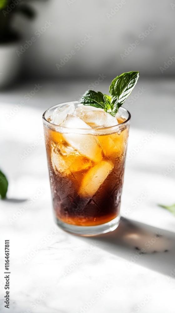 A glass of iced tea with a sprig of mint on top. The drink is cold and refreshing, perfect for a hot day A glass of iced tea with a sprig of mint on top. The drink is cold and refreshing, perfect for a hot day