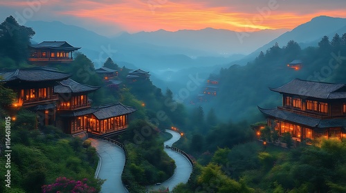 Wallpaper Mural Mountaintop Asian Houses Sunset Scenic View Torontodigital.ca