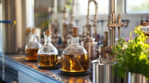 Industrial distillation lab with herbs and various bottles used for oil extraction in natural light