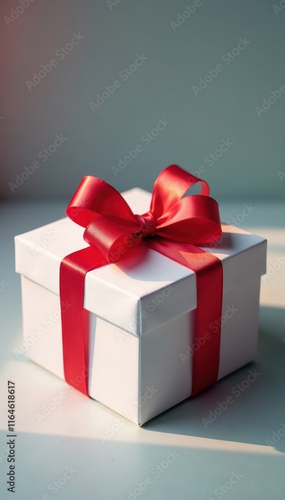 Fototapeta premium Colorful red ribbon wrapped around a white gift box, gift, bow