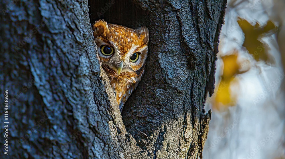Obraz premium Owl peering from tree hollow.
