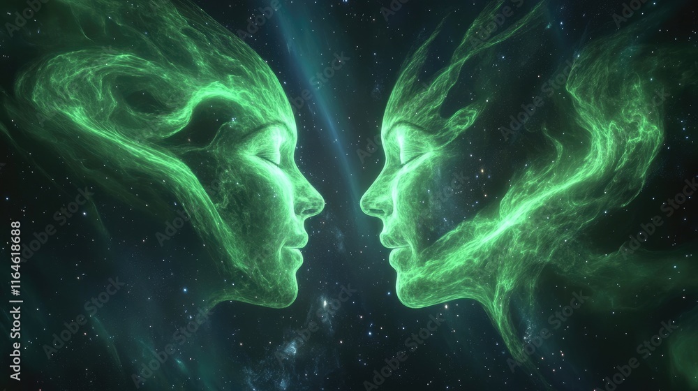 Two ethereal, glowing green faces facing each other in space, cosmic nebula background. Two ethereal, glowing green faces facing each other in space, cosmic nebula background.