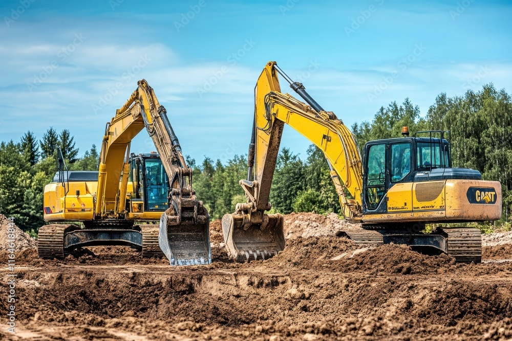 Two excavators work on a construction site surrounded by trees under a clear blue sky Two excavators work on a construction site surrounded by trees under a clear blue sky