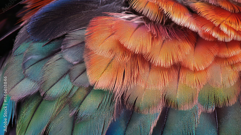 Obraz premium A close-up of a parrotâs beak and vibrant feathers, with every color vividly captured.