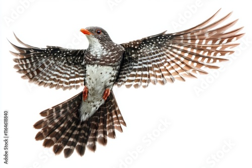 A bird with black and white feathers is flying in the air. The bird has a black head and orange beak photo