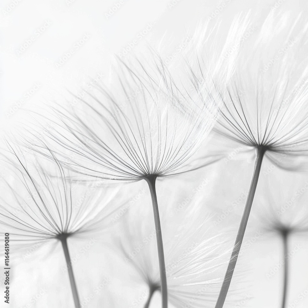 Obraz premium Close-up of delicate dandelion seed heads, monochrome.