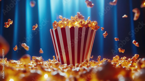 Magical Glowing Popcorn in Classic Striped Box with Flying Kernels on Blue Cinema Background photo