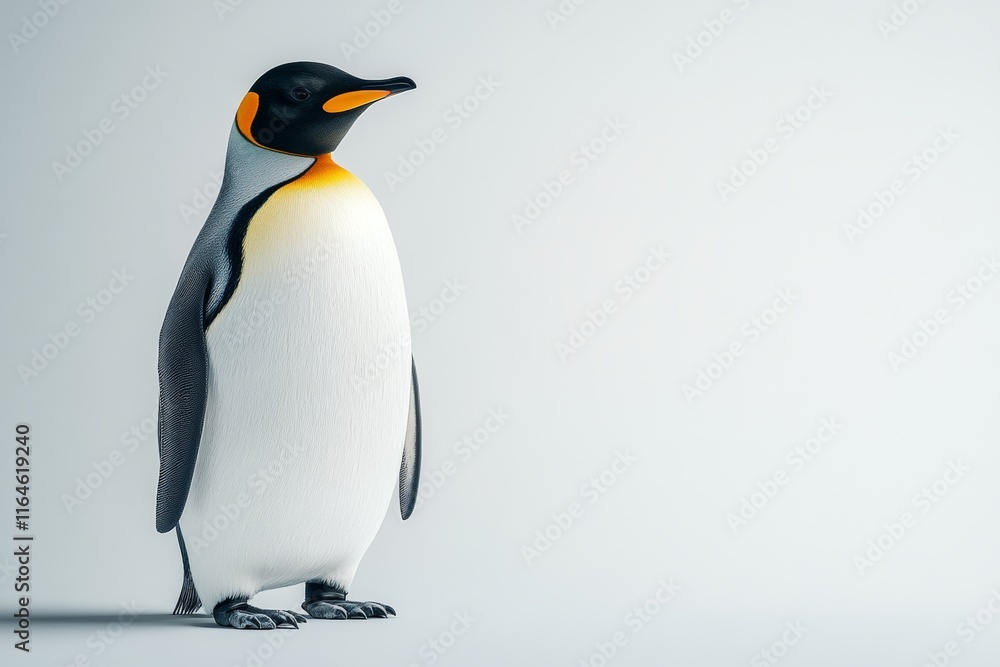 Fototapeta premium A striking image of an emperor penguin standing tall against a simple, light background, showcasing its vibrant colors and regal posture.