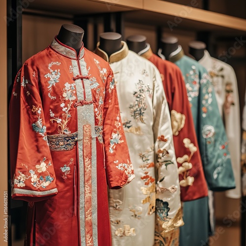 A row of Chinese clothing with floral designs and embroidery. The clothing is displayed on a rack, with some of the garments hanging from the rack and others placed on the rack photo