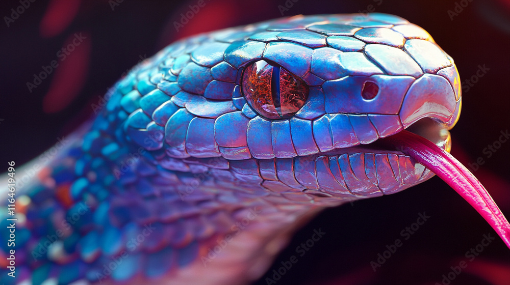 Fototapeta premium A detailed macro shot of a snakeâs head, showing its scales and tongue flicking out.