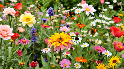 A vibrant garden in full bloom, showcasing an array of colorful flowers such as roses, tulips, and daisies. Butterflies and bees flit gracefully among the blossoms, photo