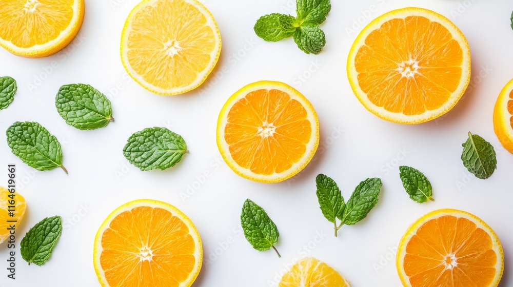 A close up of a white background with a bunch of oranges and green leaves. The oranges are cut in half and arranged in a pattern A close up of a white background with a bunch of oranges and green leaves. The oranges are cut in half and arranged in a pattern