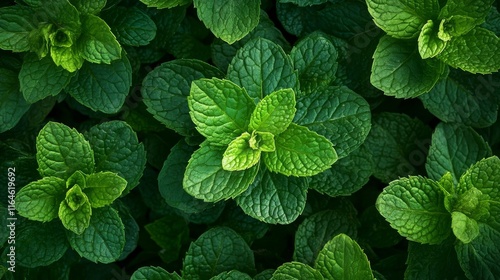 A bunch of green mint leaves. The leaves are green and have a pointy tip. The leaves are close together and are in a bunch photo